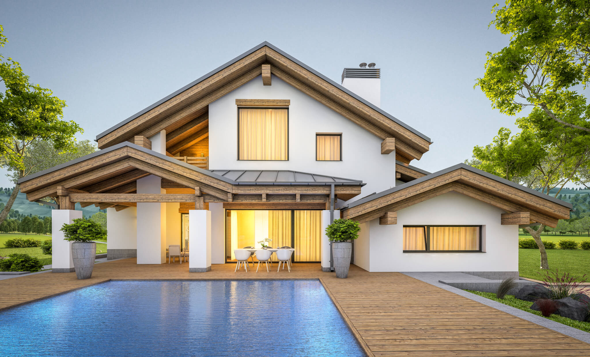 3d rendering of modern cozy house in chalet style